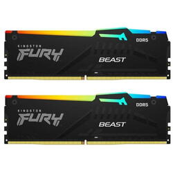 Memorie RAM Kingston, DIMM, DDR5, 64GB, 6000MHz, CL40, 1.35V, FURY Beast, Kit of 2, RGB