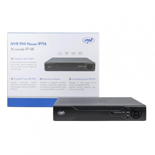 NVR PNI House IP716, 16 canale IP 4K, H.265, ONVIF PNI-IP716, Vizualizare pe mobil și PC: Android, iOS, Windows, 16 canale IP x 4K, RJ45 - 10/100 Mbps, Iesire audio: 1 x 3.5mm, Iesire video: VGA, HDMI, 2 x USB 2.0, Dimensiuni: 255 x 210 x 45 mm