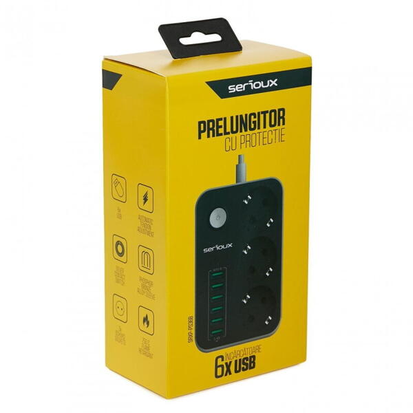 Prelungitor cu protectie Serioux, 3 prize schuko, input 100-240V, 50- 60Hz, output (Total): 2500W - 10A, 6 porturi USB, USB Output (Total):3.4A, functie auto ID, antistatic, buton power/off, lungime cablu 1.6m,negru, SRXP-PS36B