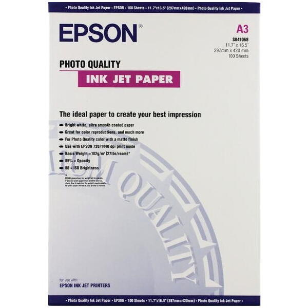 Hartie foto Epson S041068, dimensiune A3, 100 coli,photo quality inkjet paper, greutate 104g/m2