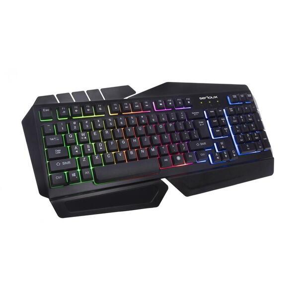 Tastatura gamig Serioux Andor, 104 taste, 19 taste Anti-ghosting , design ergonomic, iluminare rainbow, structura metalica neagra, taste negre, design cu palm rest, cablu USB 1.5M PVC, plug and play, compatibila cu Windows 2000/XP/9X/VISTA/7/8/10