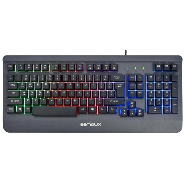 Kit Gaming Serioux Kayel 4 in 1, Tastatura de gaming, 104 taste, 19 taste Anti-ghosting , design slim, iluminare rainbow, structura metalica gri, taste negre + design cu palm rest, cablu USB 1.5M PVC, plug and play; Mouse gaming, senzor Sunplus 199, 800-6