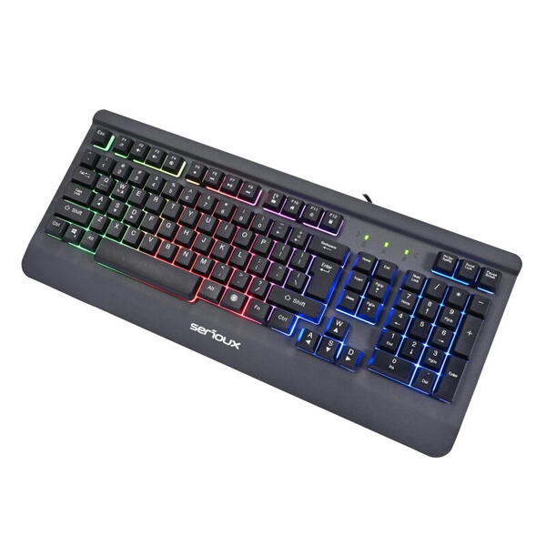 Kit Gaming Serioux Kayel 4 in 1, Tastatura de gaming, 104 taste, 19 taste Anti-ghosting , design slim, iluminare rainbow, structura metalica gri, taste negre + design cu palm rest, cablu USB 1.5M PVC, plug and play; Mouse gaming, senzor Sunplus 199, 800-6