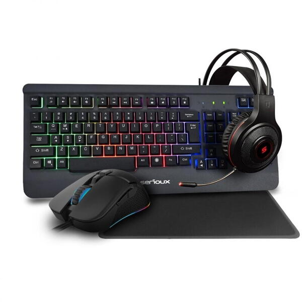 Kit Gaming Serioux Kayel 4 in 1, Tastatura de gaming, 104 taste, 19 taste Anti-ghosting , design slim, iluminare rainbow, structura metalica gri, taste negre + design cu palm rest, cablu USB 1.5M PVC, plug and play; Mouse gaming, senzor Sunplus 199, 800-6