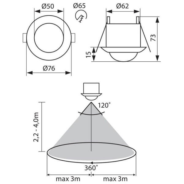 Senzor de miscare incastrat IR Vivalux MOON, 230V, IP20, Ø76x73mm, incandescent 1200W, LED 300W, Alb