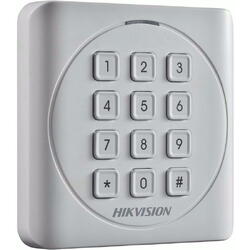 Cititor card cu tastatura Hikvision DS-K1801MK, citeste carduri MIFARE 13.56MHz, distanta citire: 50mm, comunicare: Wiegand 26/34 protocol, tastatura cu 12 butoane,  indicator LED de stare si alimentare; alimentare: 12VDC, IP65, dimensiuni: 87×87×13.3mm