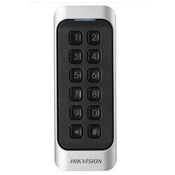 Cititor card cu tastatura Hikvision DS-K1107AMK, citeste carduri Mifare 13.56 MHz, distanta citire: ≤ 50 mm, RS-485, Wiegand (W26/W34) protocol si protocol OSDP, Watchdog, Keypad cu 12 butoane,  indicator de stare si alimentare, buzzer incorporat, tamper,