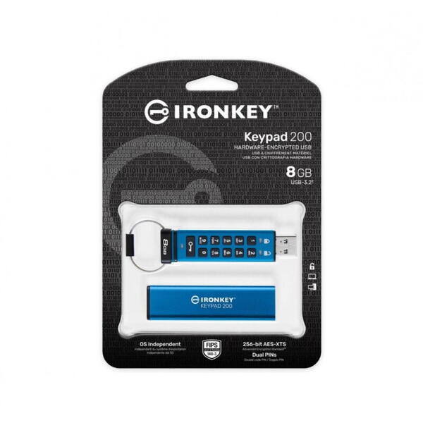 USB Flash Drive Kingston 8GB IronKey Keypad 200, USB 3.2 Gen1, FIPS 140-3 Lvl 3 (Pending) AES-256 Encrypted