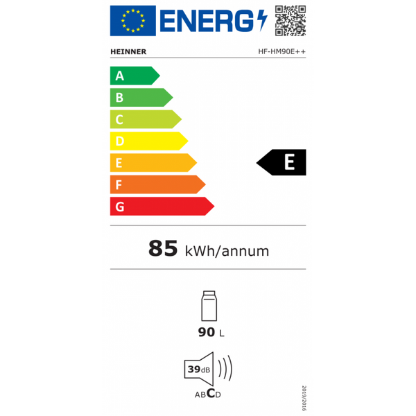 Frigider Heinner HF-HM90E++, capacitate totala: 90 L, clasa energetica E,  lumina LED,  dimensiuni (WxDxH): 48 x 45 x 85 cm, Alb