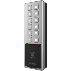 Cititor de proximitate cu tastatura Hikvision DS-K1T805MBFWX, M1 card, RS-485 and Wiegand (W26, W34), network interface, Wi-Fi, alimentare: 12 VDC/1 A, protectie: IP65, IK08, dimensiunii: 57.7 mm × 177 mm × 34.6 mm.