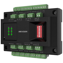 Door control modul Hikvision DS-K2M002X:  -Supports 2 door control. It can connect with access controller via RS-485 -Connects with card reader via RS-485 (OSDP) or Wiegand -Installs with guide rail -Supports battery charging and discharging -Supports ind