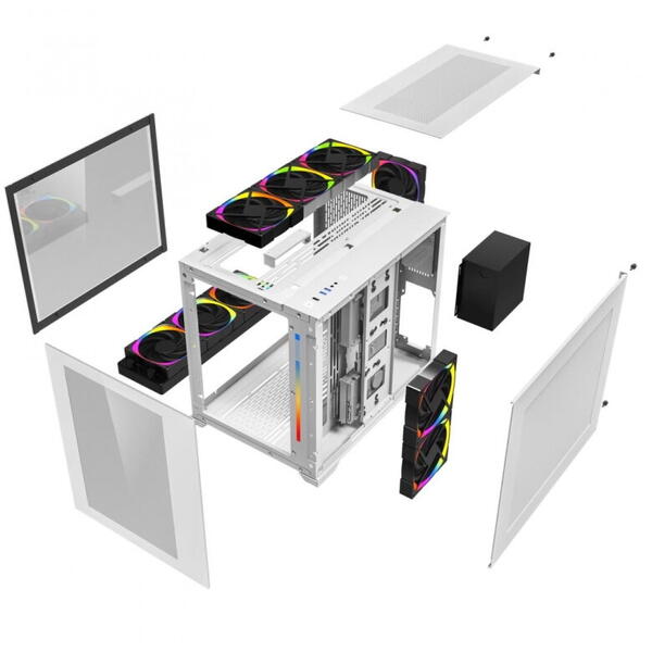 1st PLAYER Carcasa 1STPLAYER SP7 Mid Tower ALB, Tempered Glass, Sloturi Expansiune 7+3, Drive Bays: 2x3.5" 1x2.5", Ventilatoare Suportate: 9 (spate: 1x120mm, fata stanga: 2x120mm, sus: 3x120mm, jos: 3x120mm), Format Placa De Baza Suportat: Micro-ATX, ATX, Lungime Ma