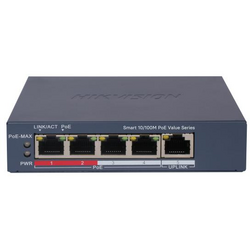 Switch PoE Hikvision DS-3E1105P-EI/M: 4 × 10/100 Mbps PoE port,1 × 10/100 Mbps RJ45 port, 4 porturi PoE maxim 30W,  buget PoE 45W, tensiune alimentara: 48 V DC, 1.04 A, dimensiuni: 105.0 mm × 27.6 mm × 83.1 mm, greutate: 0.220g, montare pe birou sau pe pe