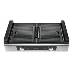 Grill electric Heinner HSEG-1800SS, functie filtrare fum, 2 placi detasabile si reversibile, placi cu invelis anti-adeziv, dubla utilizare: gratar si tava,  putere: 1800W, temperatura ajustabila pentru fiecare placa, indicator luminos ON si 